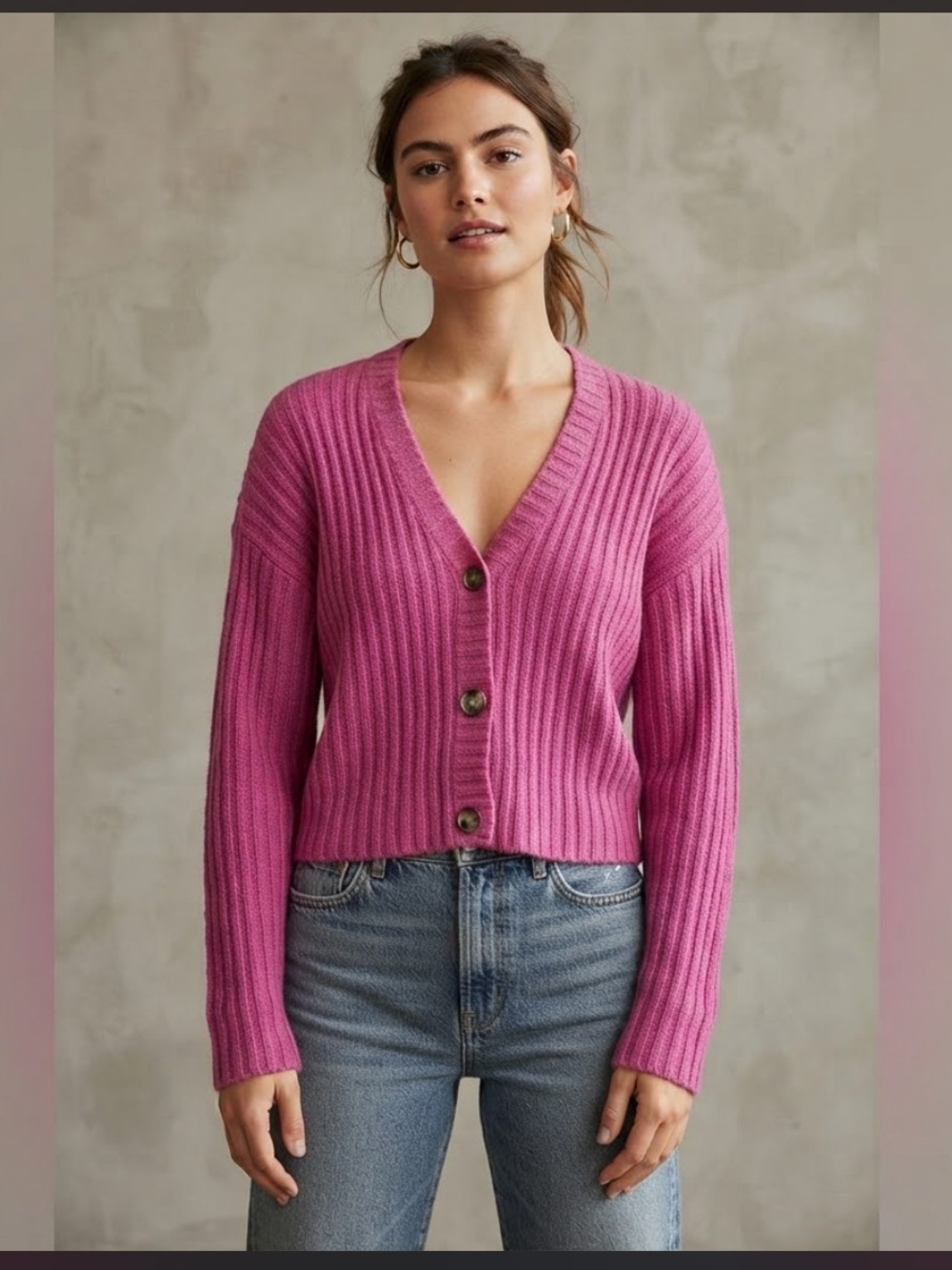 American Eagle Pink Ribbed Knit Button Up Cardigan Sweater Women's Size Medium M